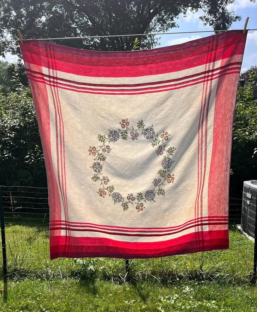 Vintage Red Striped Tablecloth with Embroidered Floral Center Motif